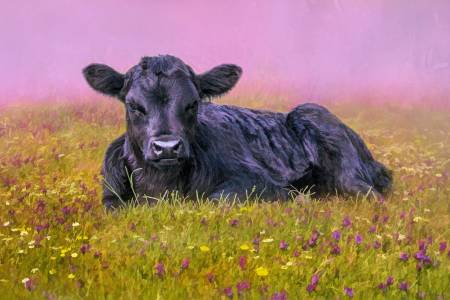 Black Angus Calf in the Flowers Panel
